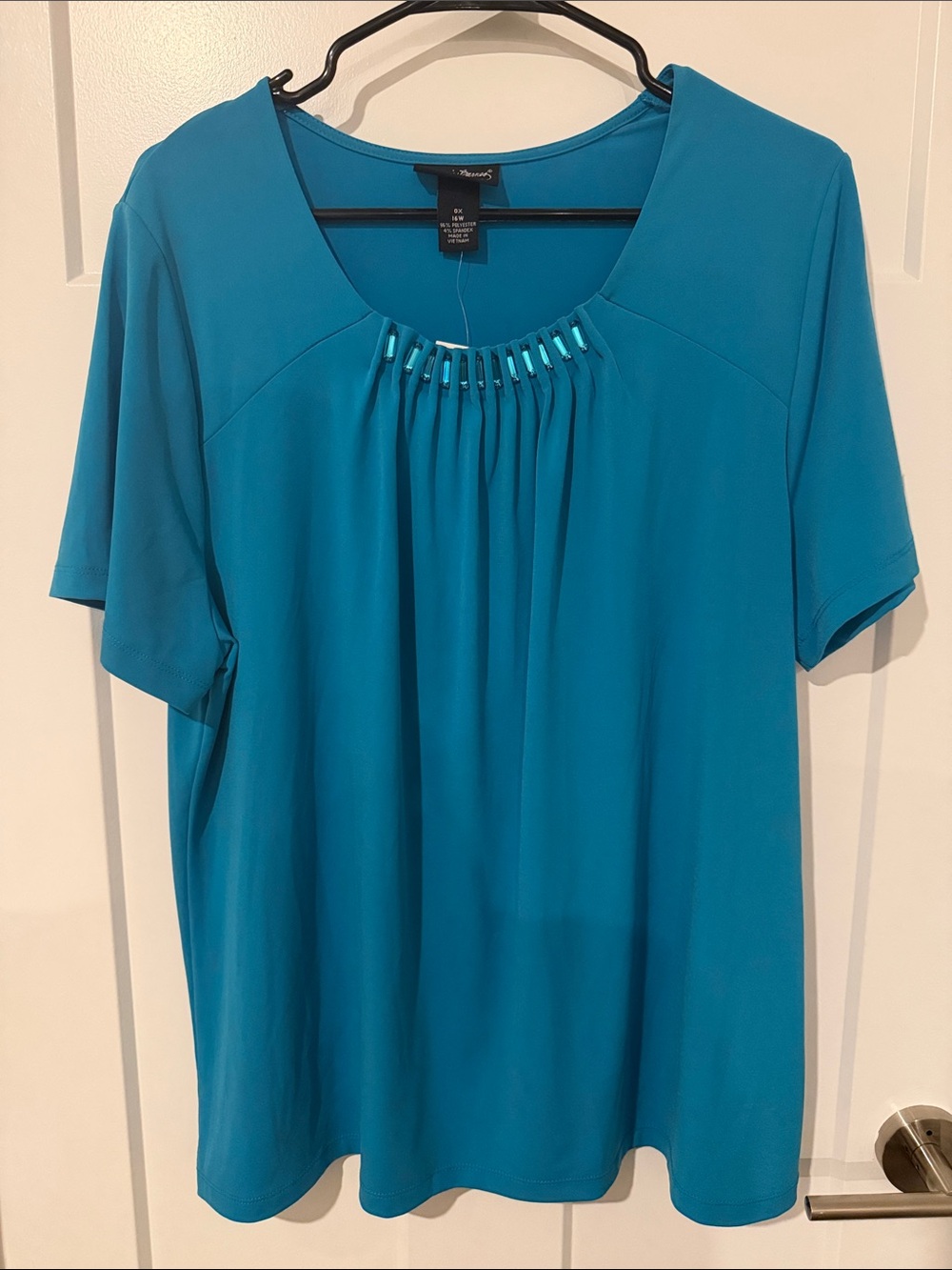 NWT Maggie Barnes Teal Short-Sleeve Pleated Neck Top